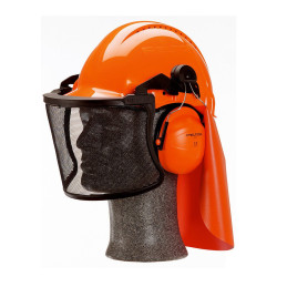 3M forestry helmet combination, G3000 orange helmet, OPTIME II earmuffs, mesh visor V5B